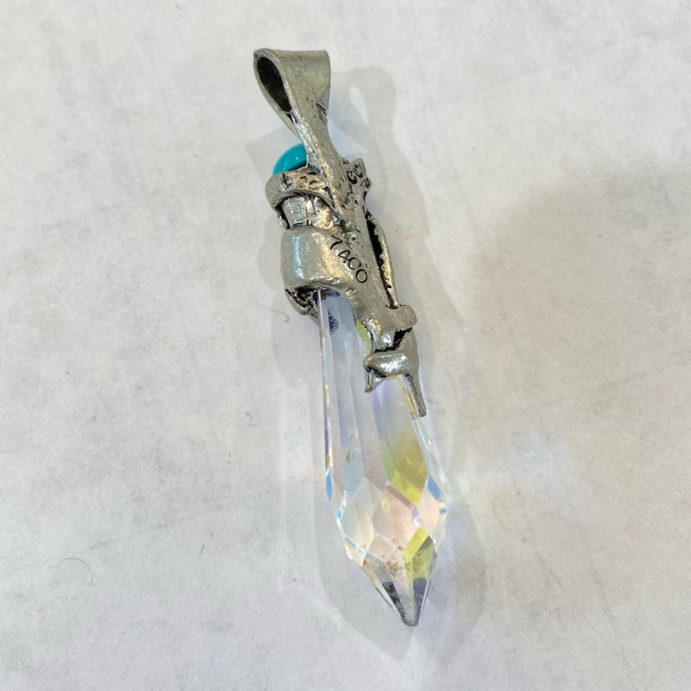 Silver Quartz Crystal Turquoise Pendant Necklace dolphins vintage signed - Picture 4 of 14